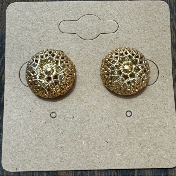 Monet gold tone puffy filigree button stud earrings signed - Picture 2 of 9